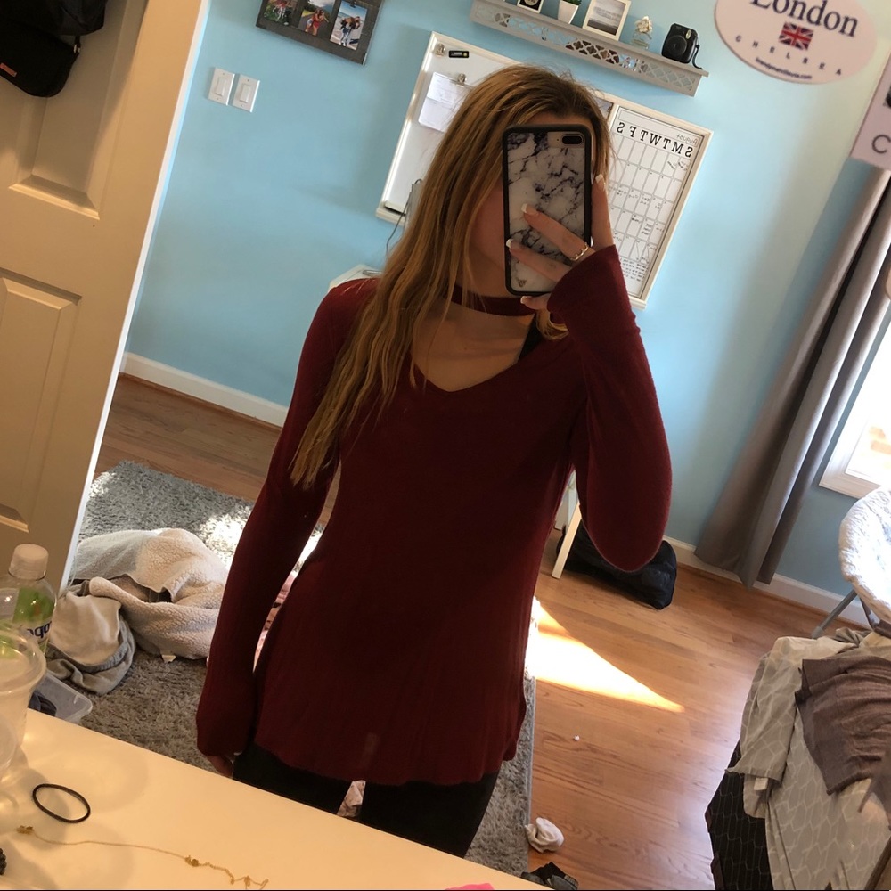 dark red long sleeve shirt